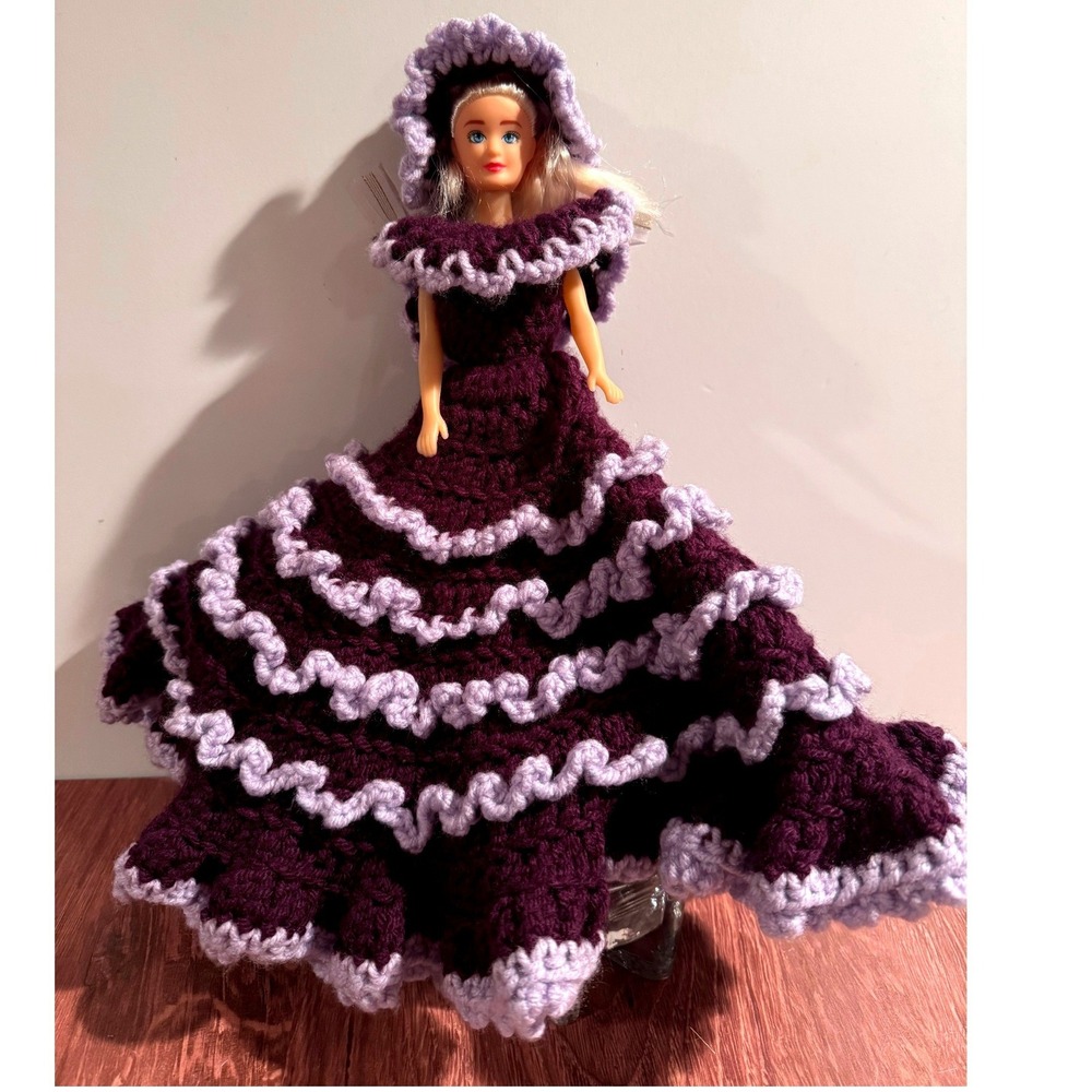 Vintage Crochet Barbie Doll Dress Purple Ruffled Gown Handmade